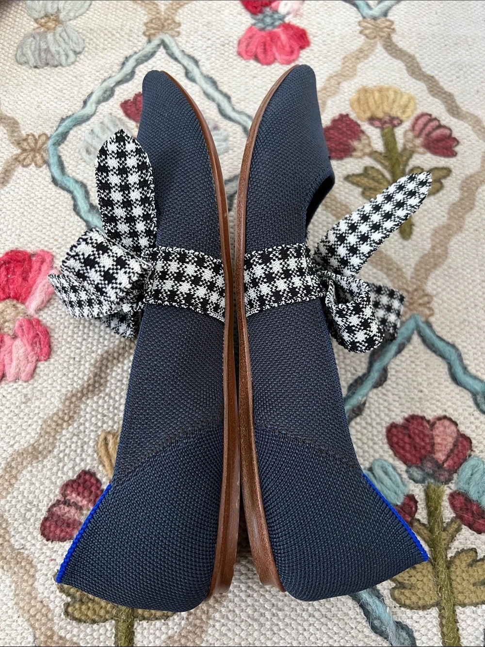 Rothy’s The Point Navy Knit Flats with Houndstooth Bow | Size 9